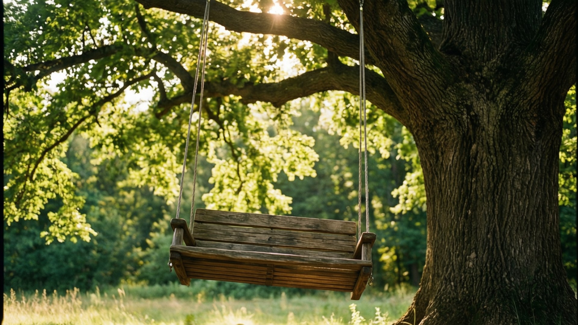 樹 swing 夏日光 壁紙 — 一個木製鞦韆掛在巨大的樹枝上，陽光透過茂密的綠葉照射下來。