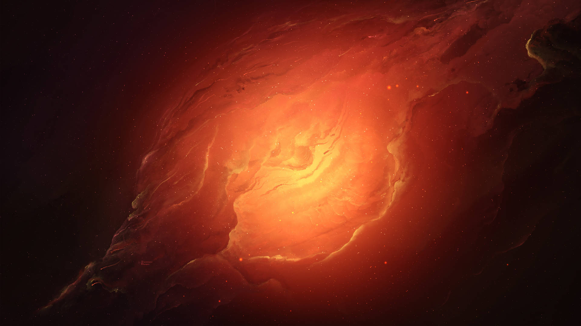 在深空中旋轉、帶有散落星星的火熱橙色和紅色宇宙星雲。