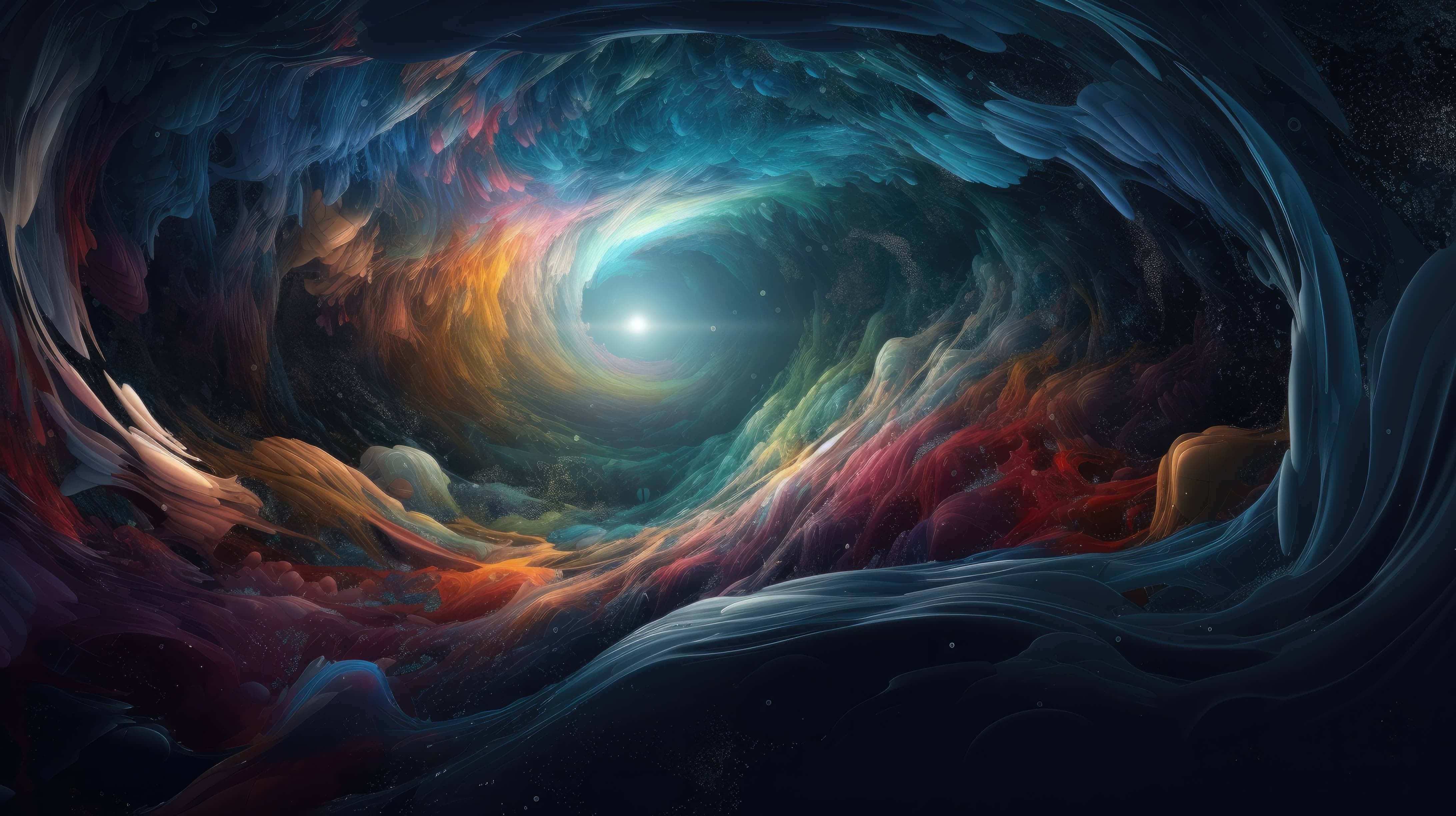Abstract Landscape 桌布 壁紙 — 一個由充滿活力的星雲和發光恆星組成的旋轉宇宙漩渦，將觀看者拉入一個光芒四射的銀河核心。
