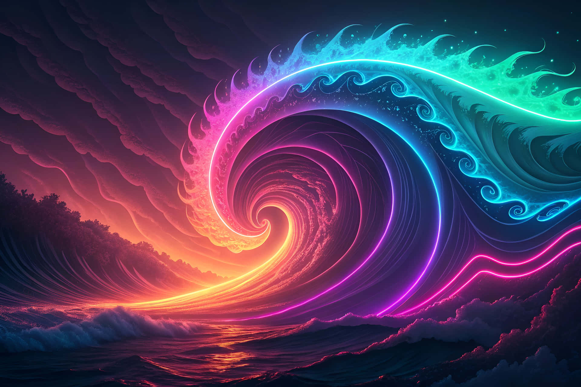 一道發光的霓虹波浪在黃昏天空下戲劇性地捲曲，下方有火紅的雲彩。