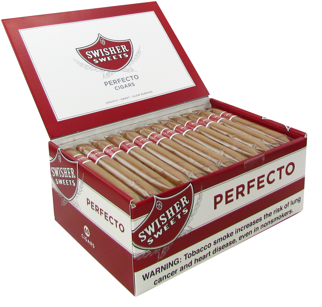 Swisher Sweets Perfecto 雪茄盒 壁紙 — 一個打開的紅白相間的Swisher Sweets Perfecto雪茄盒，在純黑背景下展示整齊排列的棕色雪茄。