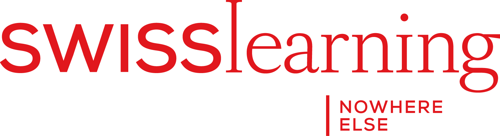 SwissLearning標誌 壁紙 — 在乾淨的白色背景上，粗體紅色 'swisslearning' 文字和 'NOWHERE ELSE' 標語。
