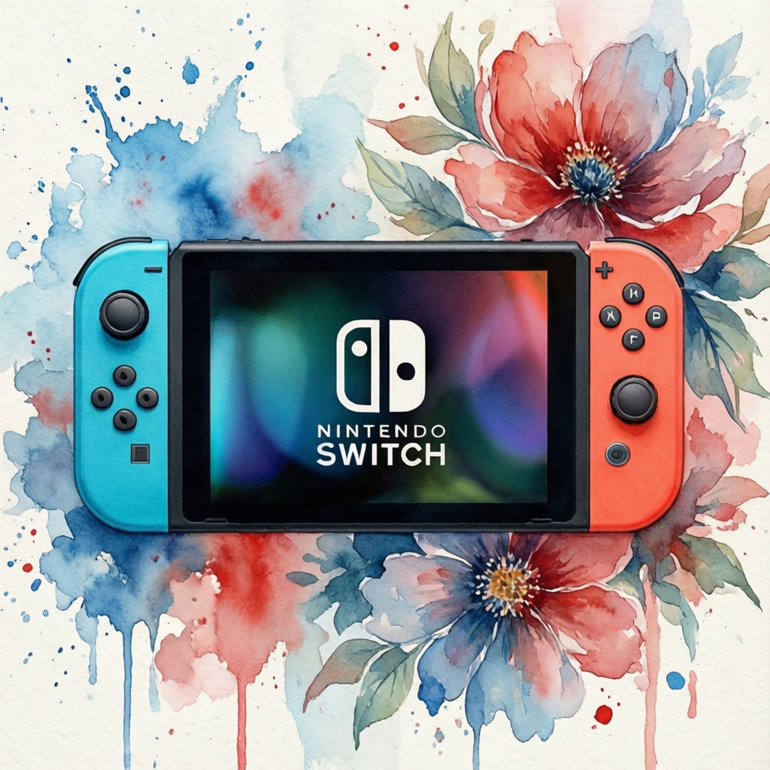 水彩Switch 壁紙 — 一部帶有藍色和紅色Joy-Con的Nintendo Switch主機，居中放置於充滿活力的水彩花卉和潑濺之中。