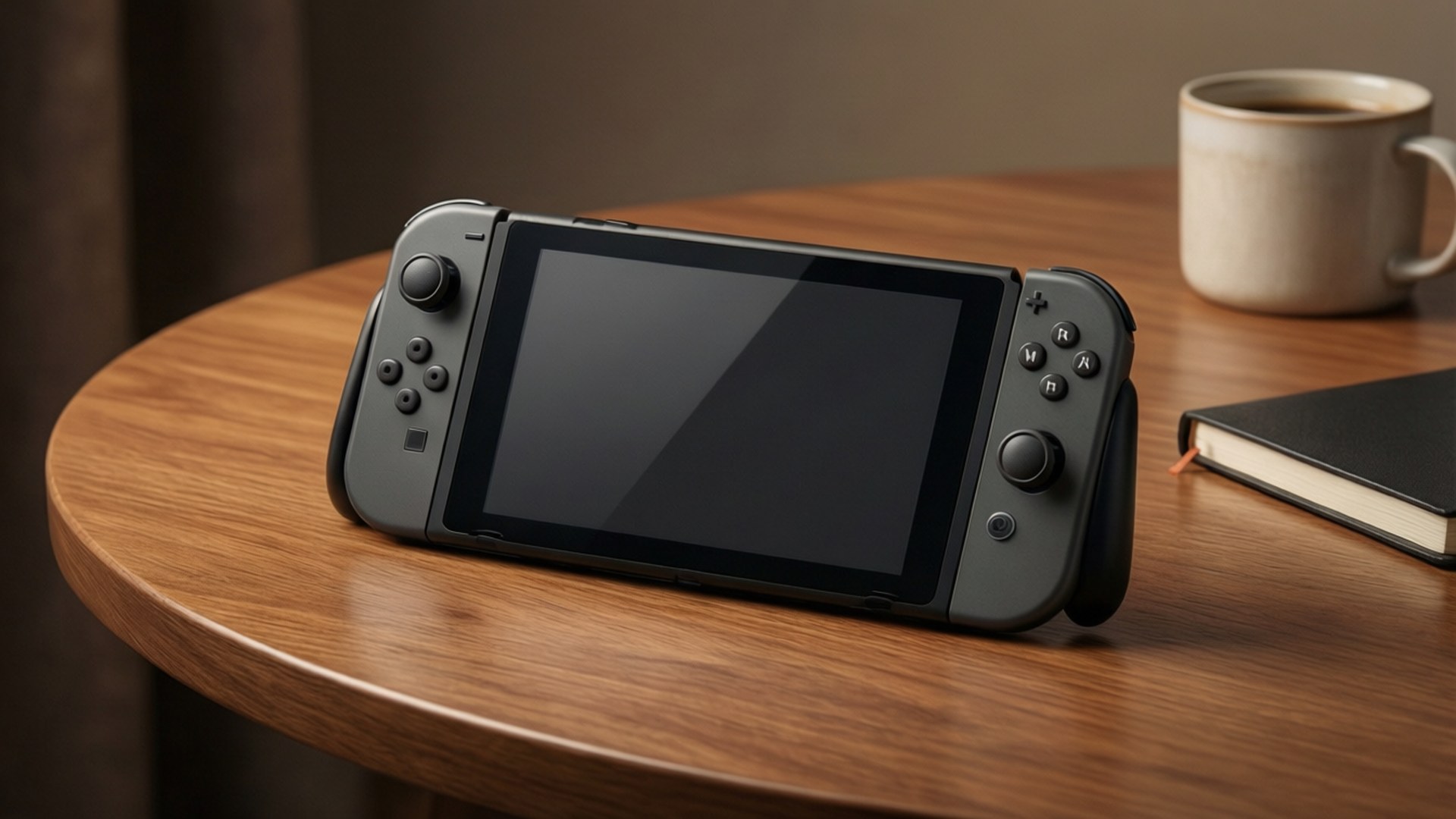 舒適的Switch遊戲設置 壁紙 — 一部時尚的灰色 Nintendo Switch 放在溫暖的木桌上，旁邊有一個陶瓷杯和一本黑色筆記本。