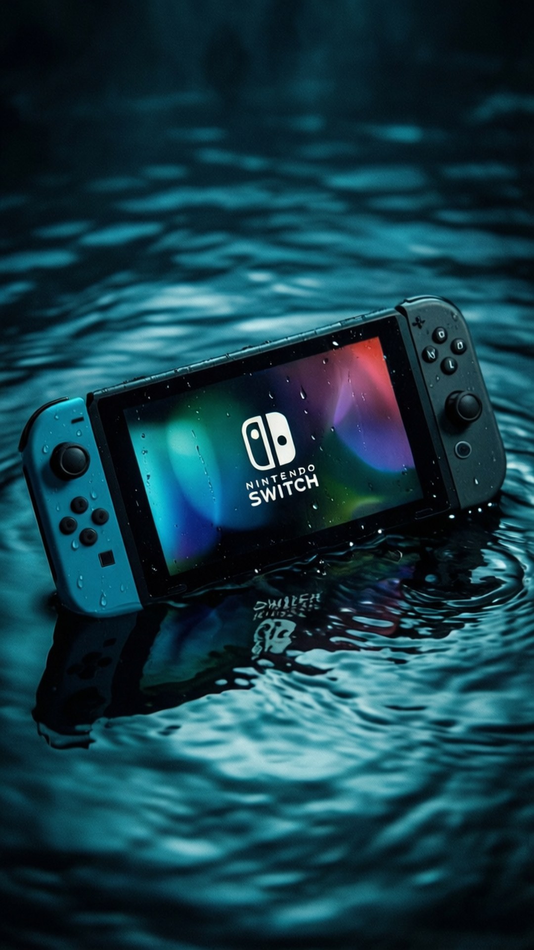 沉沒的Switch 壁紙 — 一部Nintendo Switch主機部分浸沒在波光粼粼的深藍綠色水中，屏幕閃爍著色彩繽紛的Switch標誌。