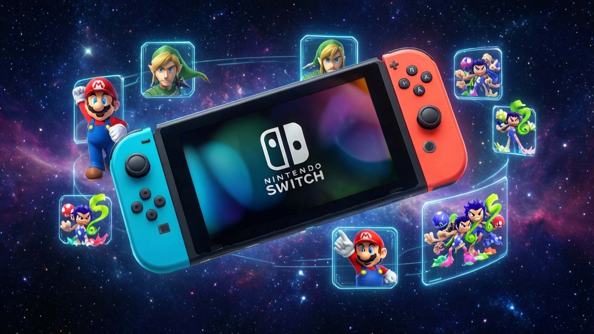 太空中的Switch 壁紙 — Nintendo Switch 主機漂浮在繁星銀河中，周圍環繞著標誌性遊戲角色的發光肖像。