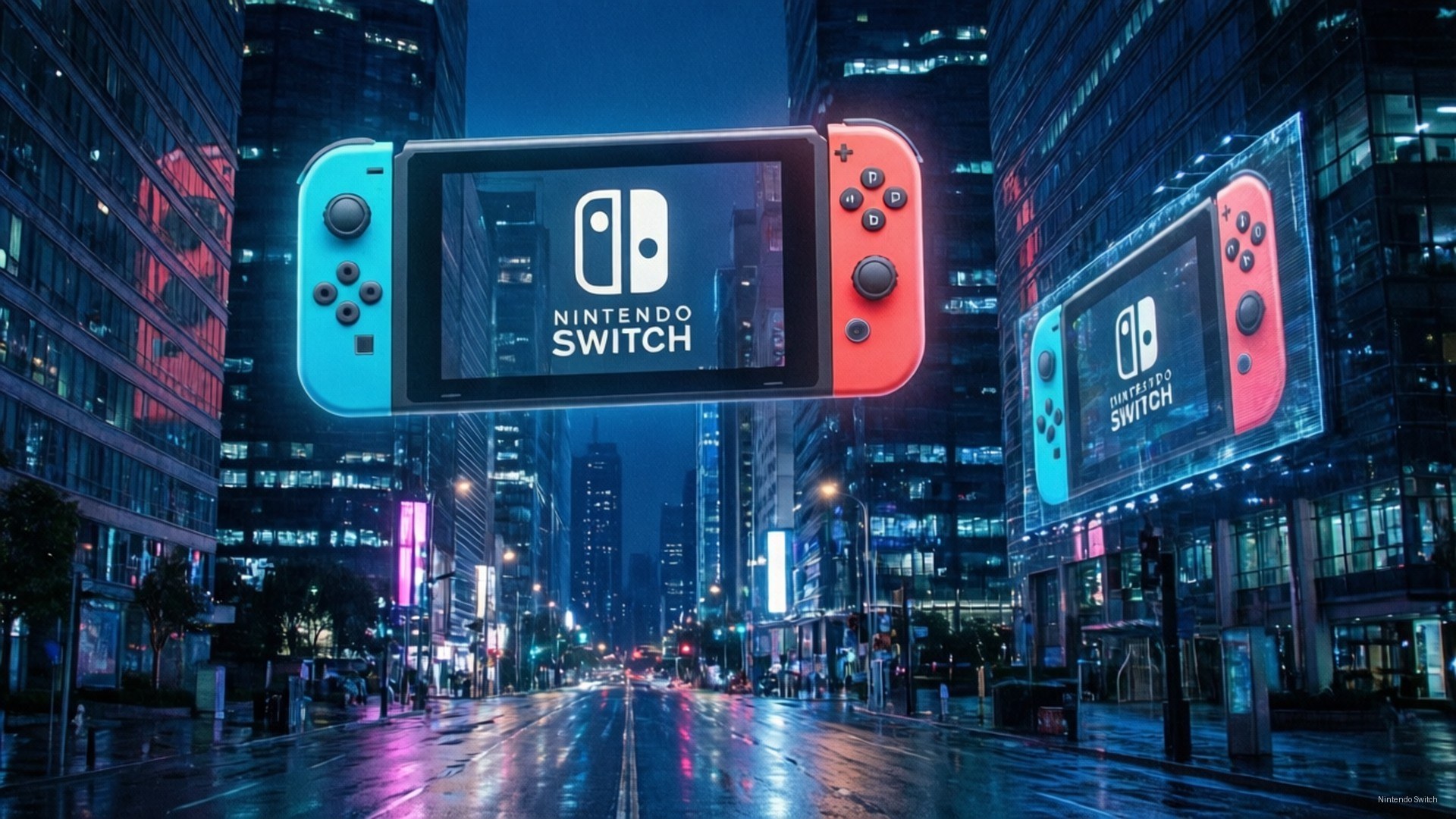 賽博龐克Switch城市 壁紙 — 一部巨大的 Nintendo Switch 漂浮在霓虹燈照亮、雨濕的城市街道上，夜晚有發光的廣告牌。