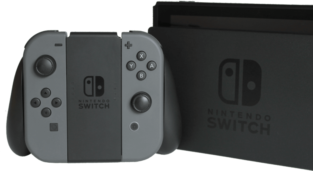 任天堂 Switch 主機與控制器 壁紙 — 灰色Nintendo Switch主機及控制器在純黑背景上展示，配以簡約品牌標示。