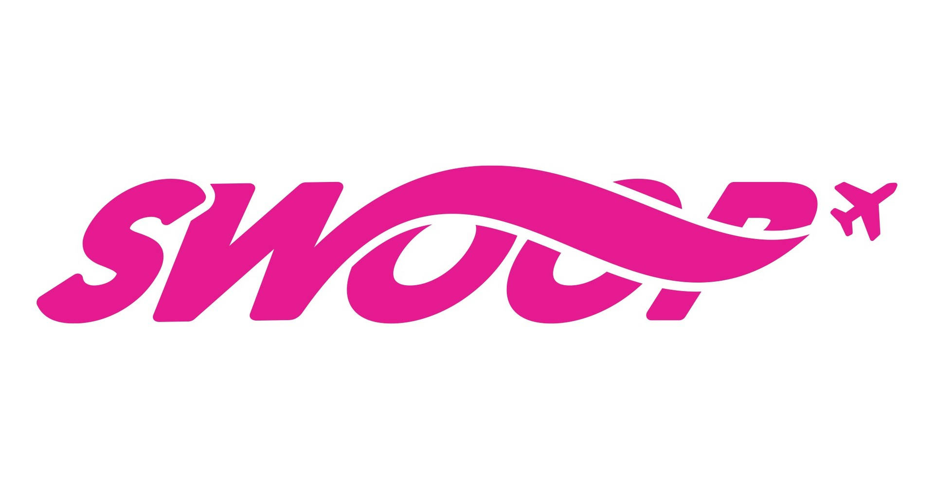 Swoop航空標誌 壁紙 — 大膽的粉紅色弧形標誌，帶有飛機圖標，襯托在潔淨的白色背景上。