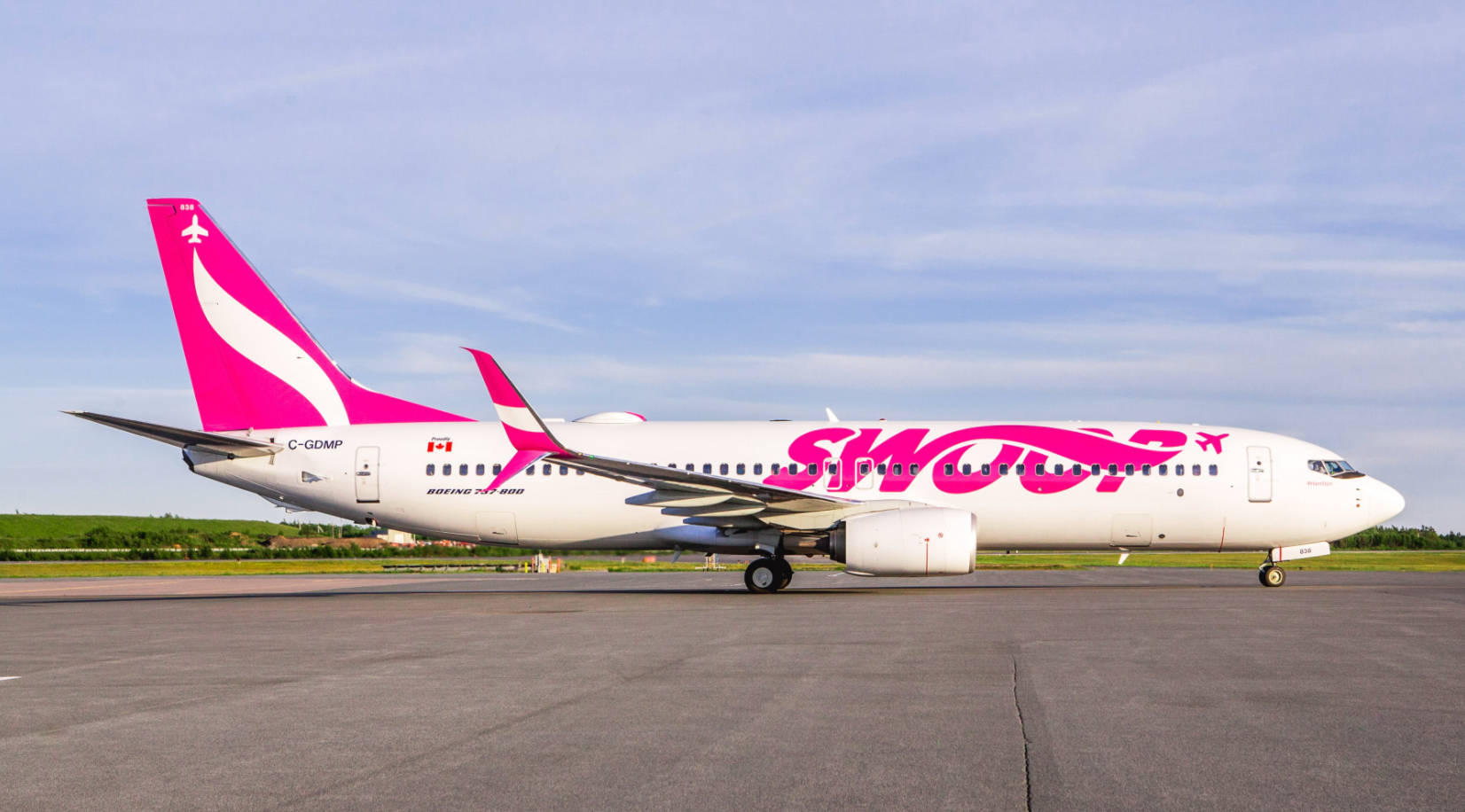 Swoop Airlines飛機在機場停機坪上，帶有粉紅色標誌