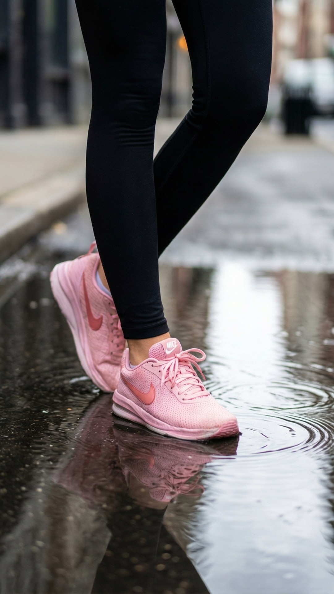 粉紅色運動鞋踏進濕漉漉行人路上的雨水坑