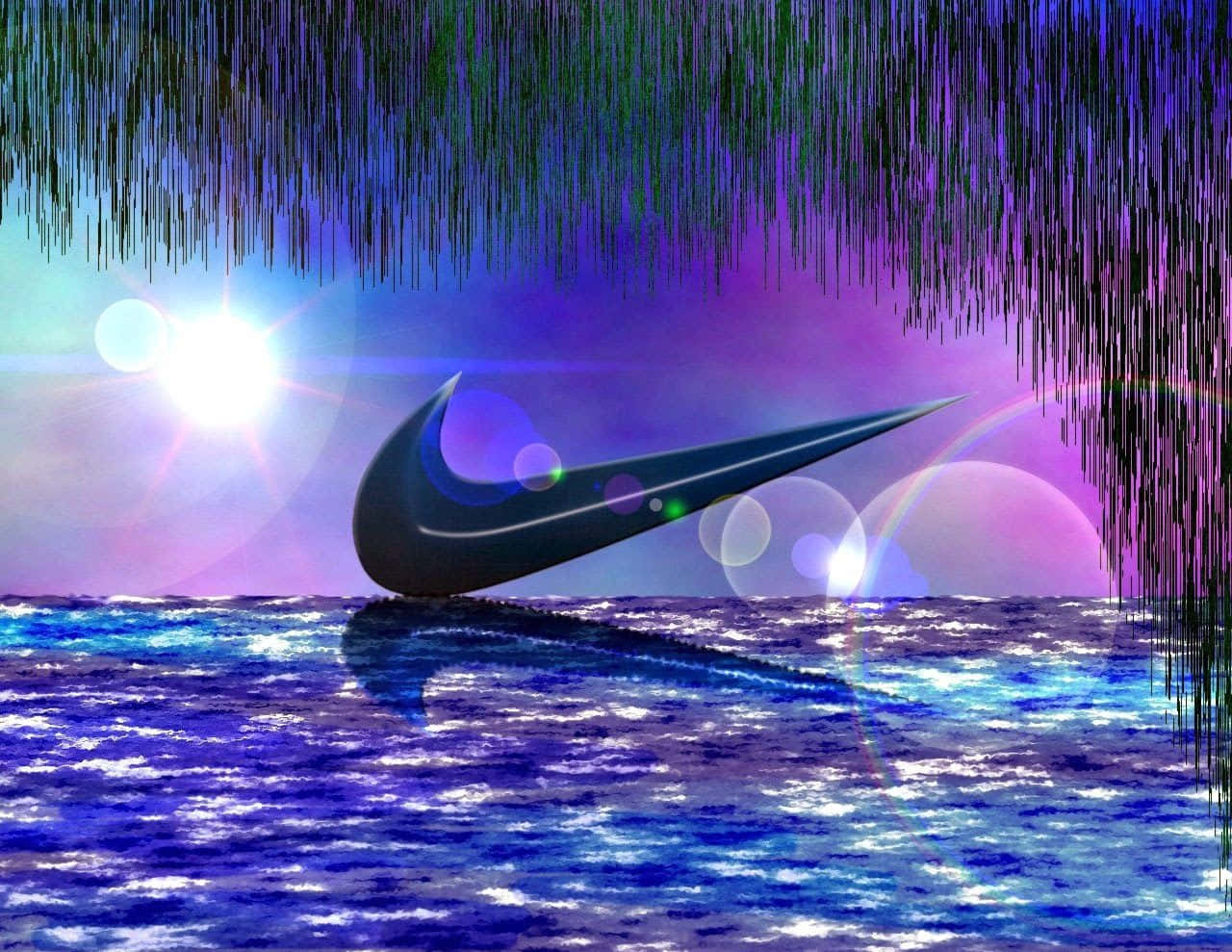 Nike剔號標誌在充滿活力的紫色天空下漂浮在水面上，有懸掛的藤蔓和鏡頭光暈。