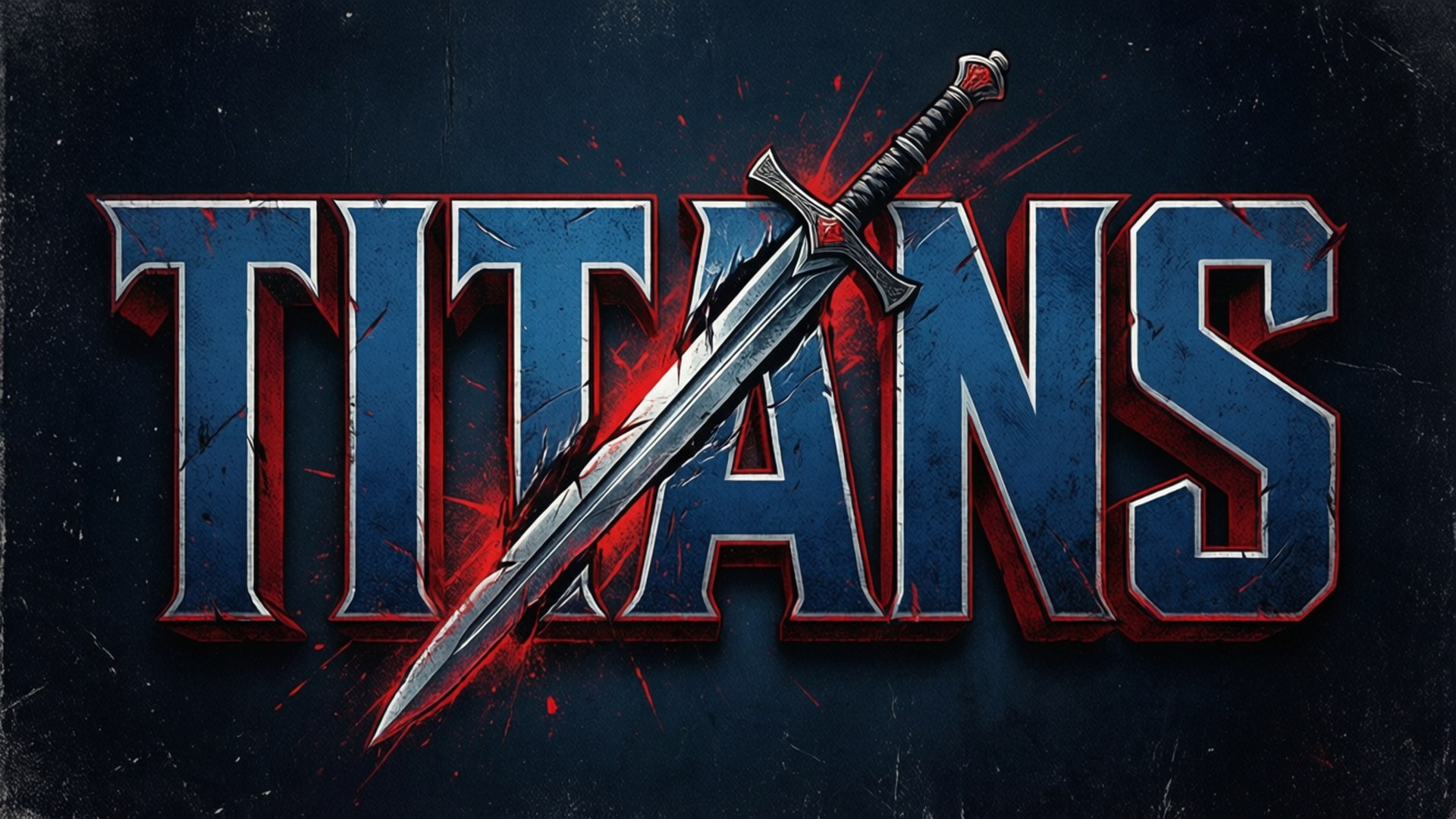 一把銀色劍刺穿深色紋理背景上的藍色和紅色 Titans 標誌。