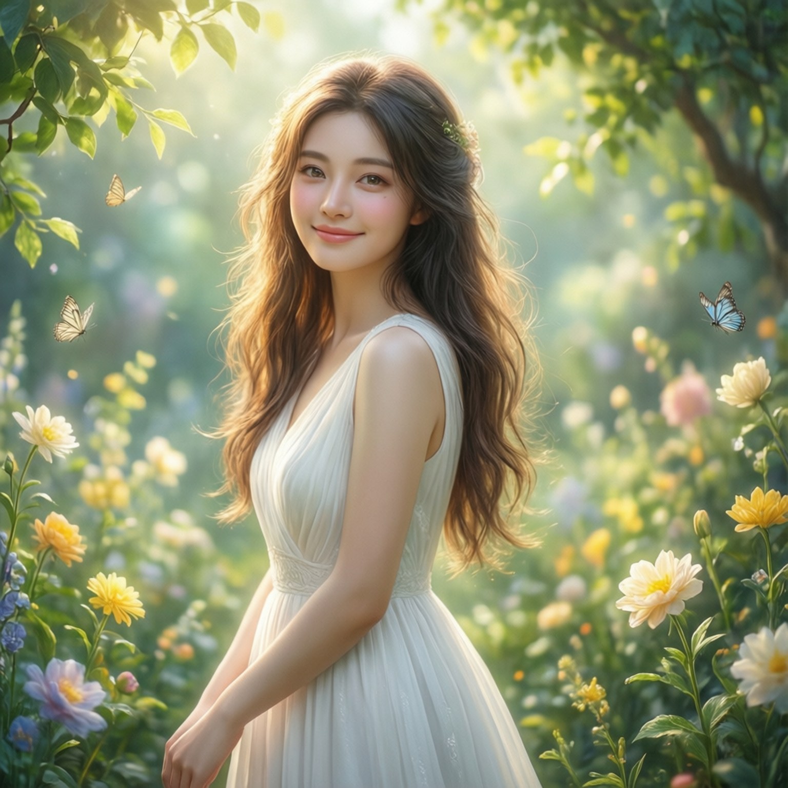 一位身穿白色連衣裙的女子站在陽光明媚的花園中，周圍環繞著色彩繽紛的花朵和蝴蝶。
