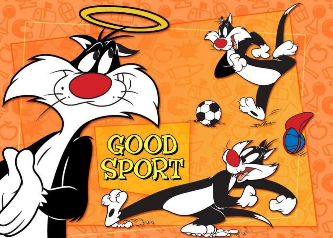 Sylvester the Cat 正享受美味肋排 壁紙 — 帶有天使光環的貓咪 Sylvester 豎起大拇指，卡通貓咪在橙色背景上踢足球和打籃球。