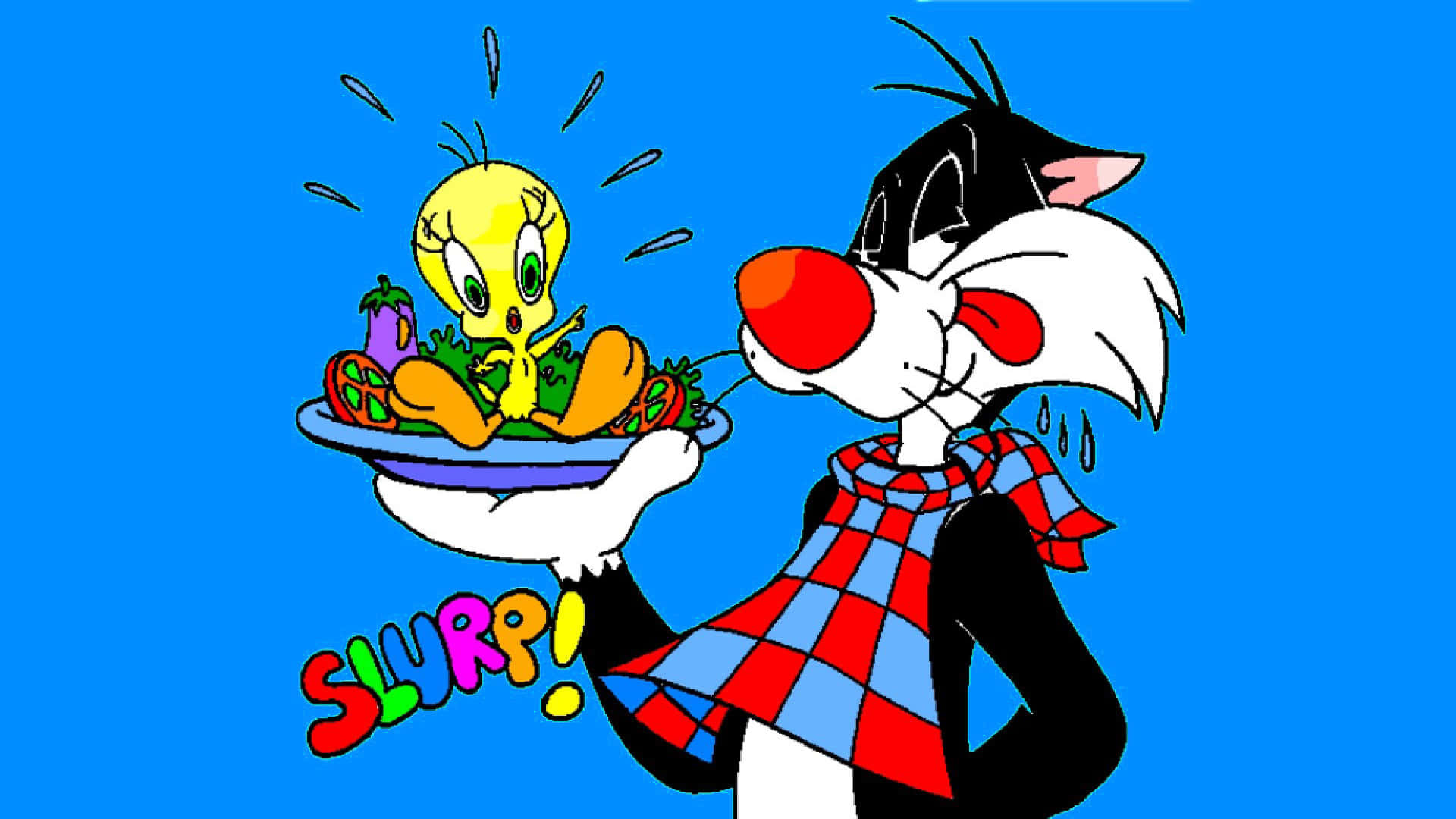 Sylvester The Cat 即將撲向獵物 壁紙 — 穿著紅藍格仔圍巾的傻大貓在明亮的藍色背景上啜飲著一份沙拉，上面有震驚的翠兒鳥。