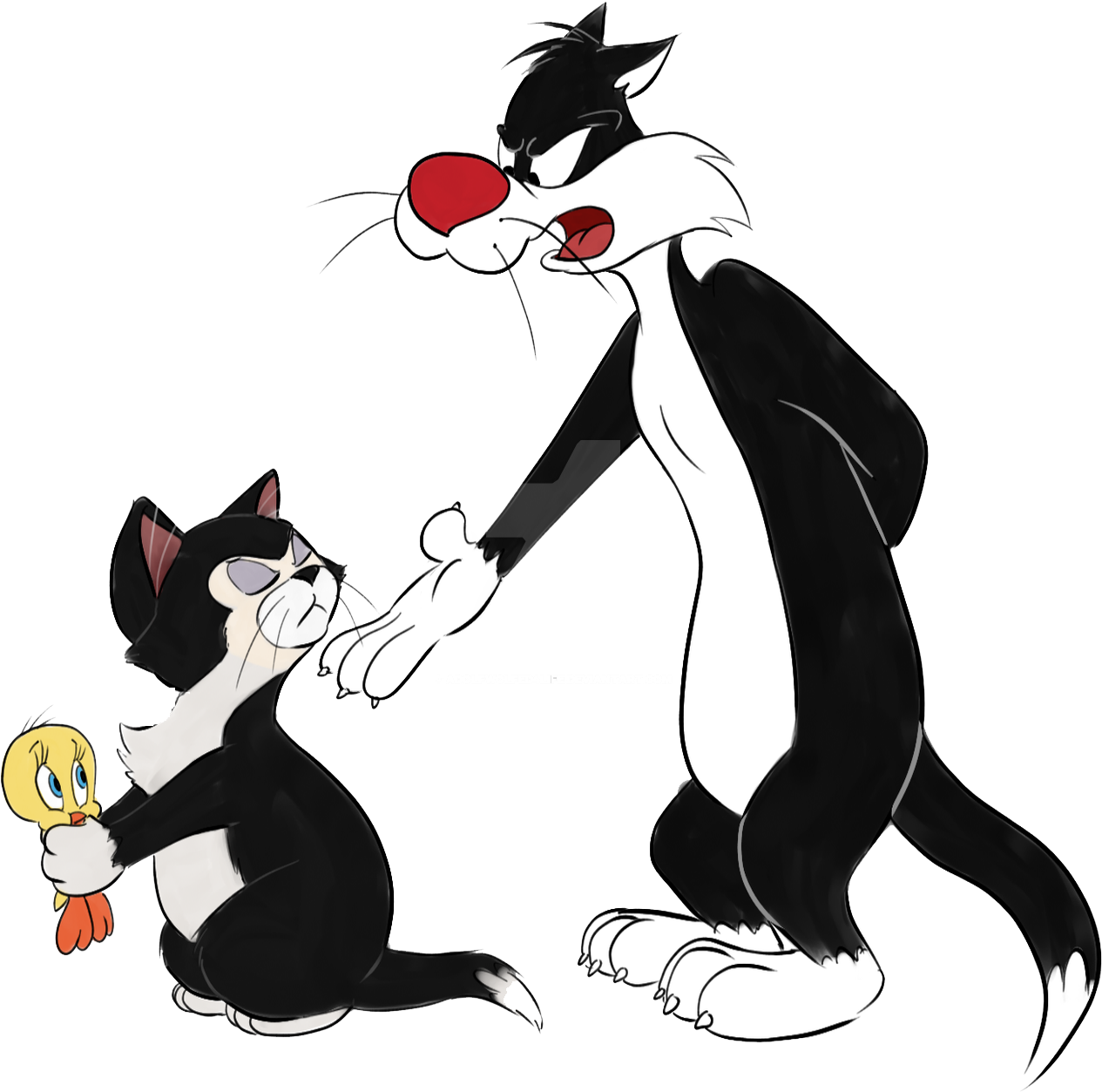 Sylvester 與 Tweety 相遇 壁紙 — 一隻卡通貓和一隻小鳥在黑色背景上對峙，姿勢富有表現力，輪廓大膽。