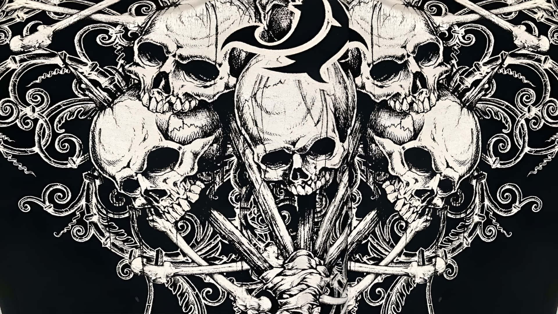  壁紙 — 一個對稱的黑白插圖，描繪了五個頭骨與骨頭和華麗的漩渦交織在深色背景上。