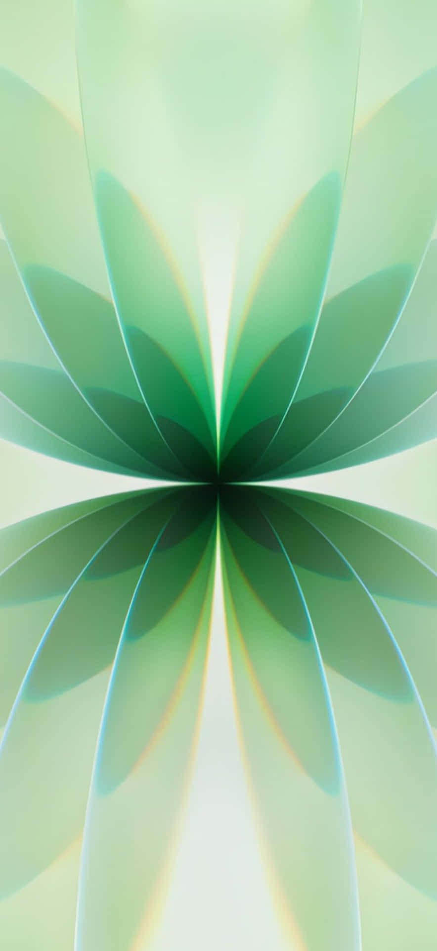  壁紙 — 對稱的綠色抽象花瓣從中心點以柔和漸變向外輻射。