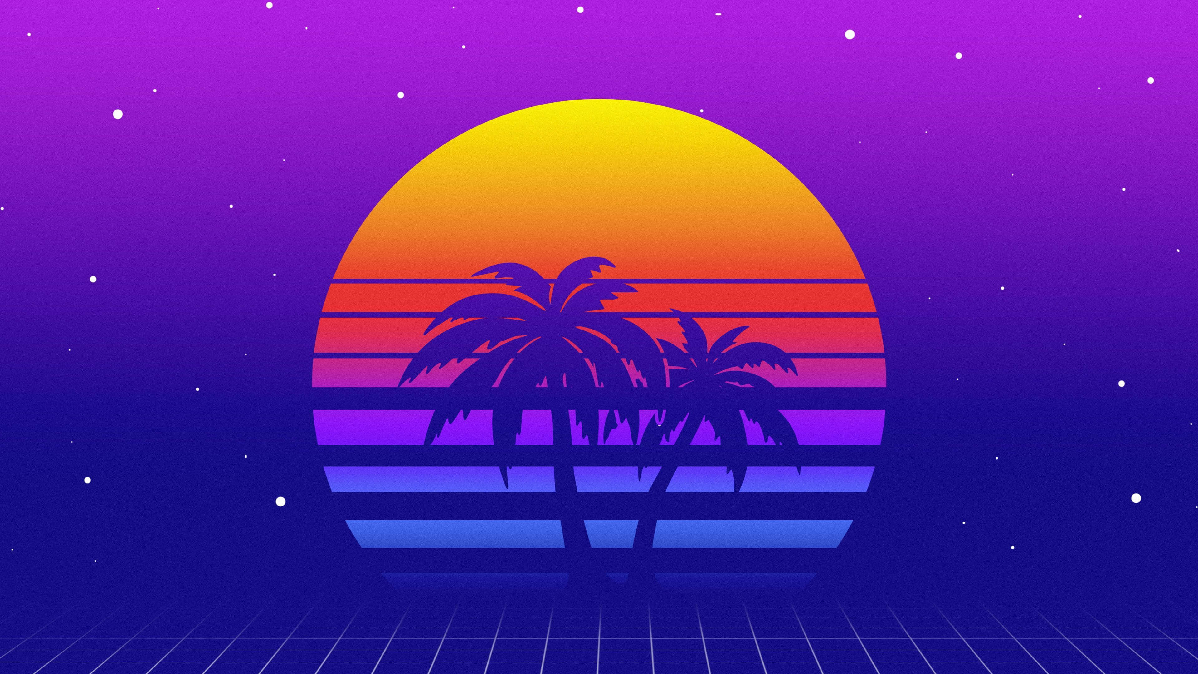 透過Synthwave音樂，逃入復古音樂場景 壁紙 — 充滿活力的復古日落，棕櫚樹在漸變天空和星空下的網格地板上形成剪影。
