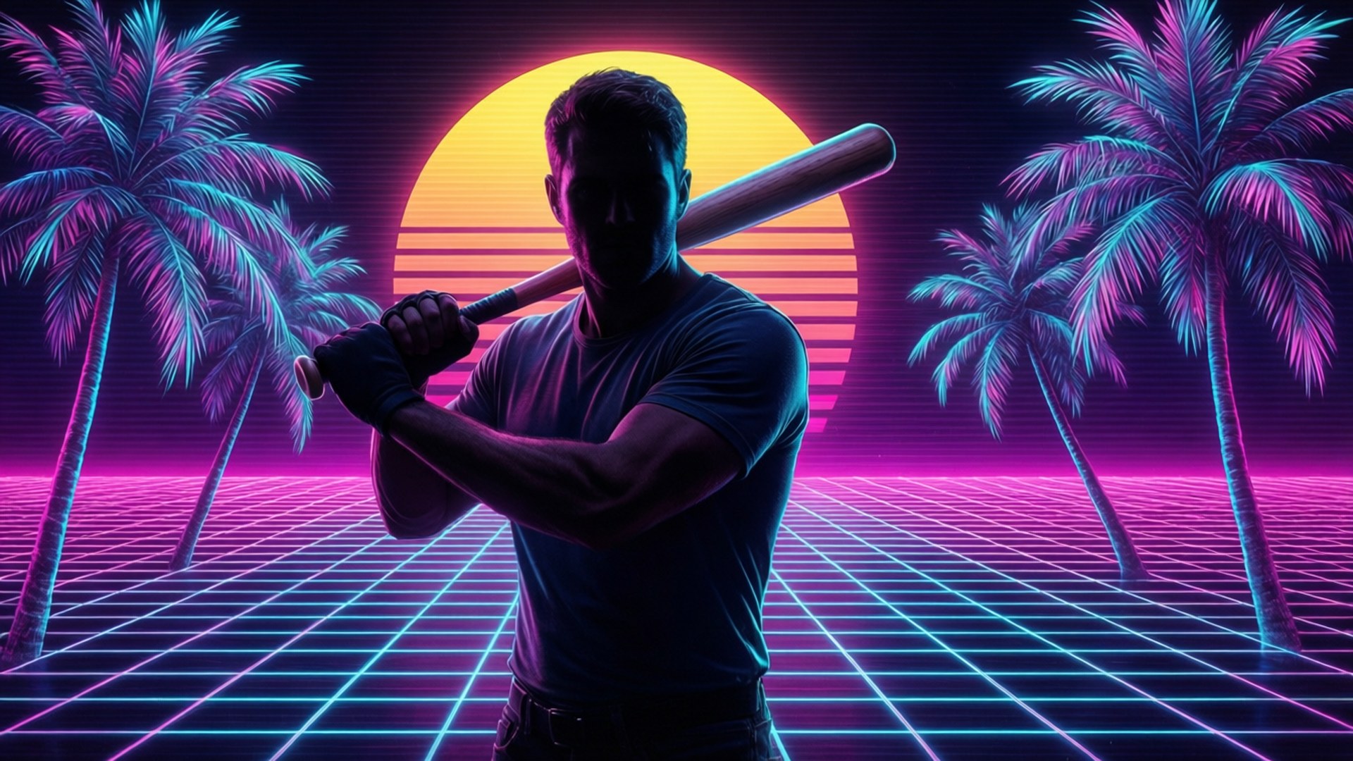 Synthwave Miami 夢境 壁紙 — 一個剪影男子在發光的霓虹日落背景下，手持棒球棍，周圍有棕櫚樹和網格地板。