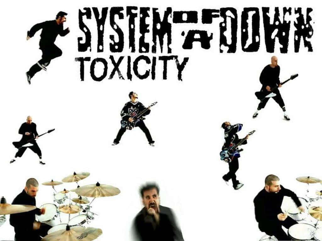  壁紙 — System of a Down 樂隊成員以結他和鼓在純白背景下擺出動態姿勢。