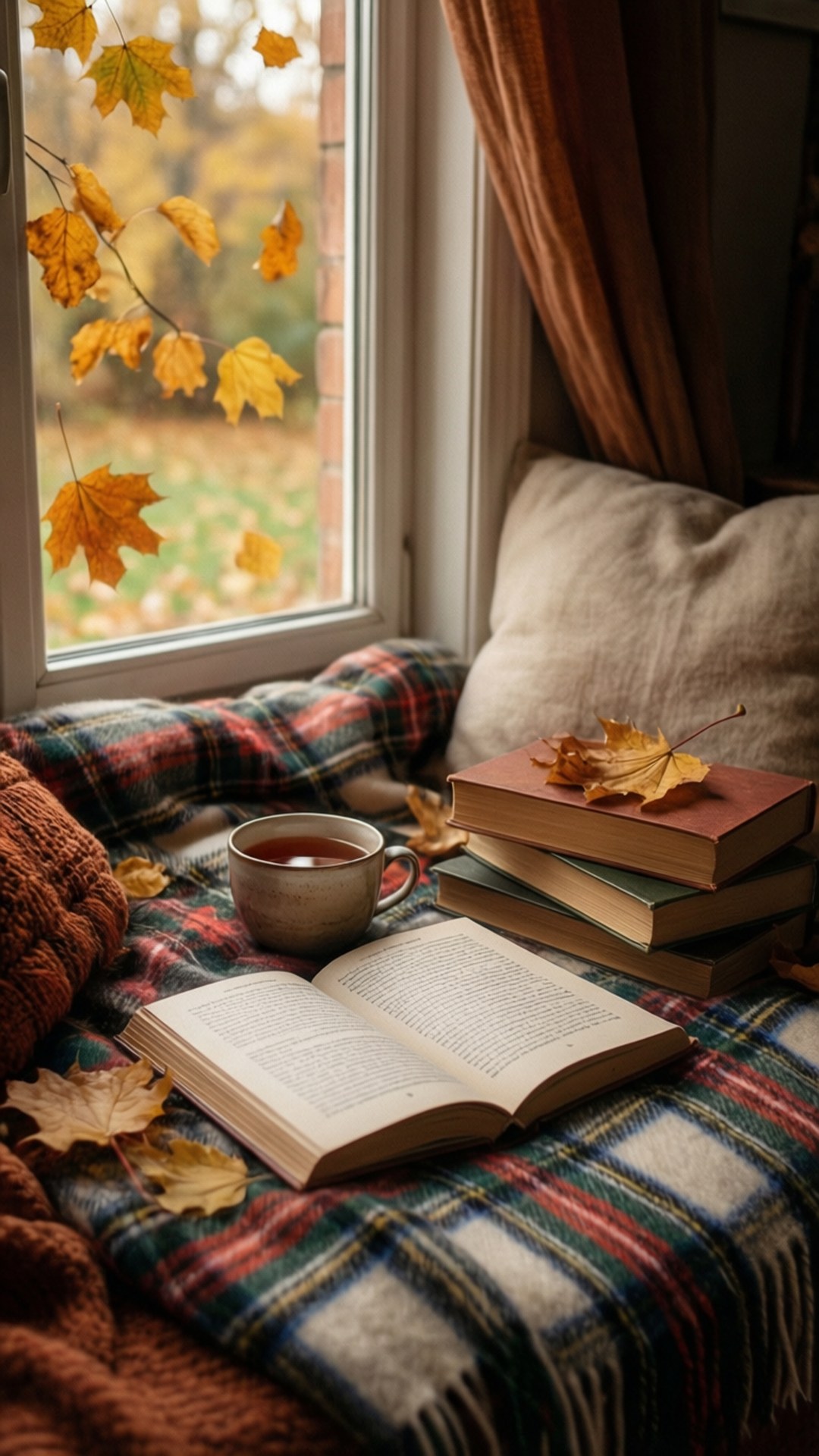 Cozy Reading Nook 壁紙 — 舒適的秋季窗邊座位，配有格仔毛氈、打開的書本、冒煙的茶和落葉框住景色。