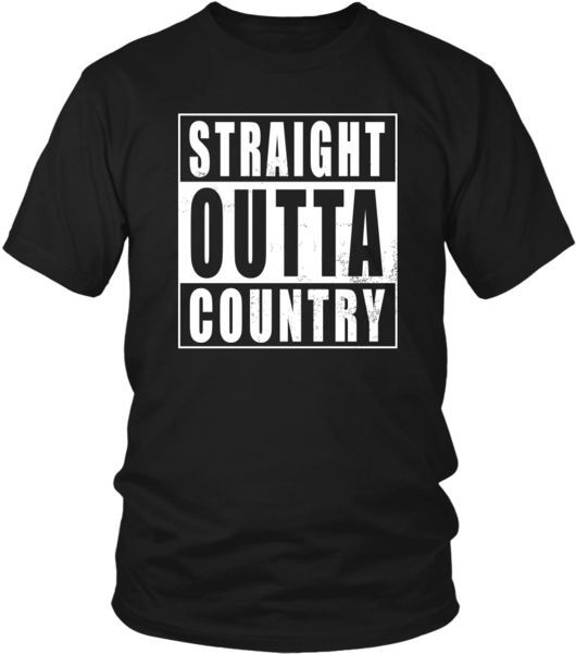 直出鄉村T恤 壁紙 — 黑色T恤，白色粗體文字寫著「STRAIGHT OUTTA COUNTRY」，採用仿舊方框設計。