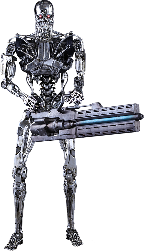 T-800終結者模型 壁紙 — 一個帶有發光紅眼的銀色終結者機械人，在灰色背景上手持重型機槍。