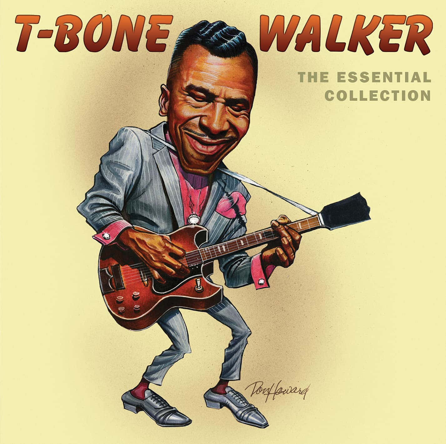 傳奇藍調音樂家 T Bone Walker 與他的吉他 壁紙 — 一幅充滿活力的卡通插圖，描繪音樂家T-Bone Walker愉快地彈奏紅色電結他，臉上掛著燦爛的笑容。