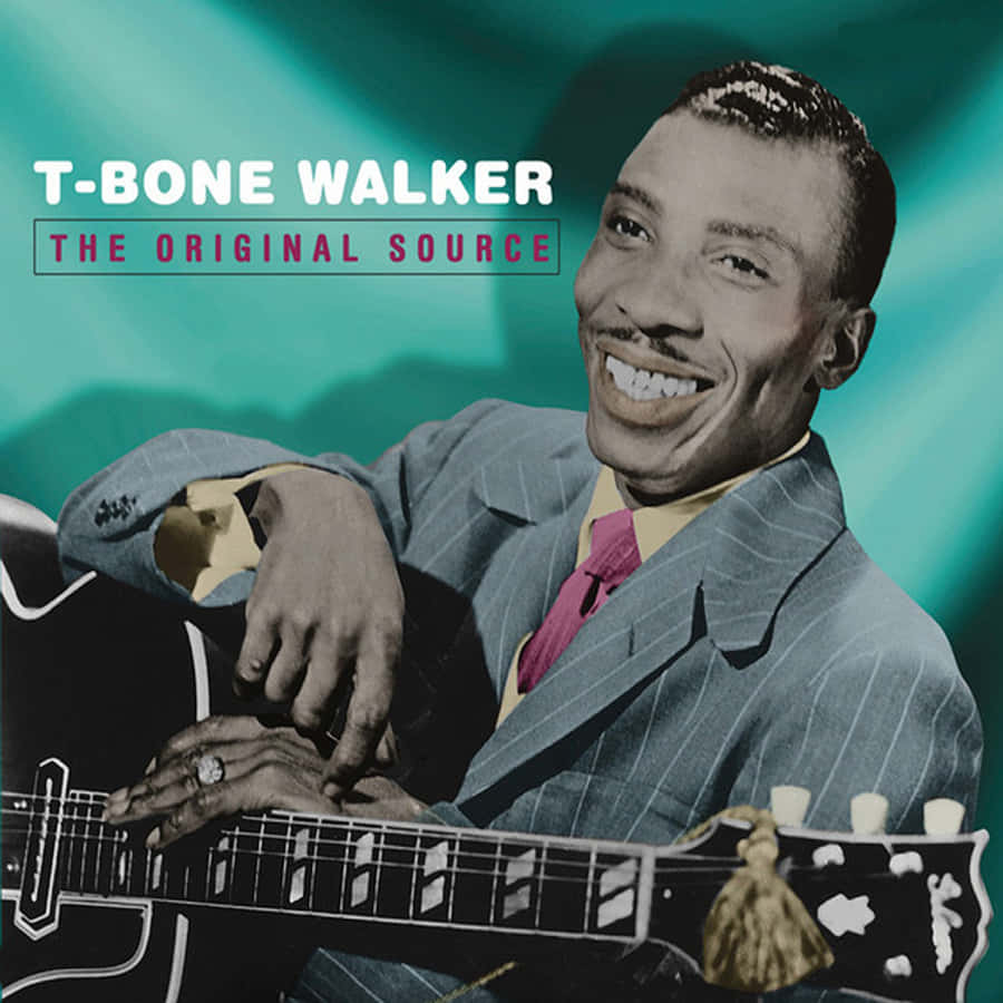 T-Bone Walker 原始來源 壁紙 — T-Bone Walker 喺充滿活力嘅青綠色背景下，滿懷喜悅咁攞住佢嘅電結他。