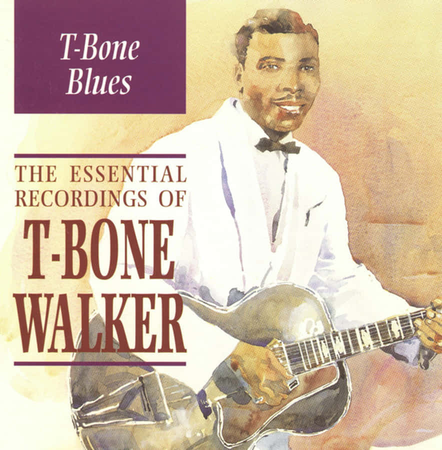 T-Bone Walker 的精選錄音 壁紙 — 藍調音樂家 T-Bone Walker 微笑著抱著結他的水彩畫肖像，帶有復古專輯文字疊加。