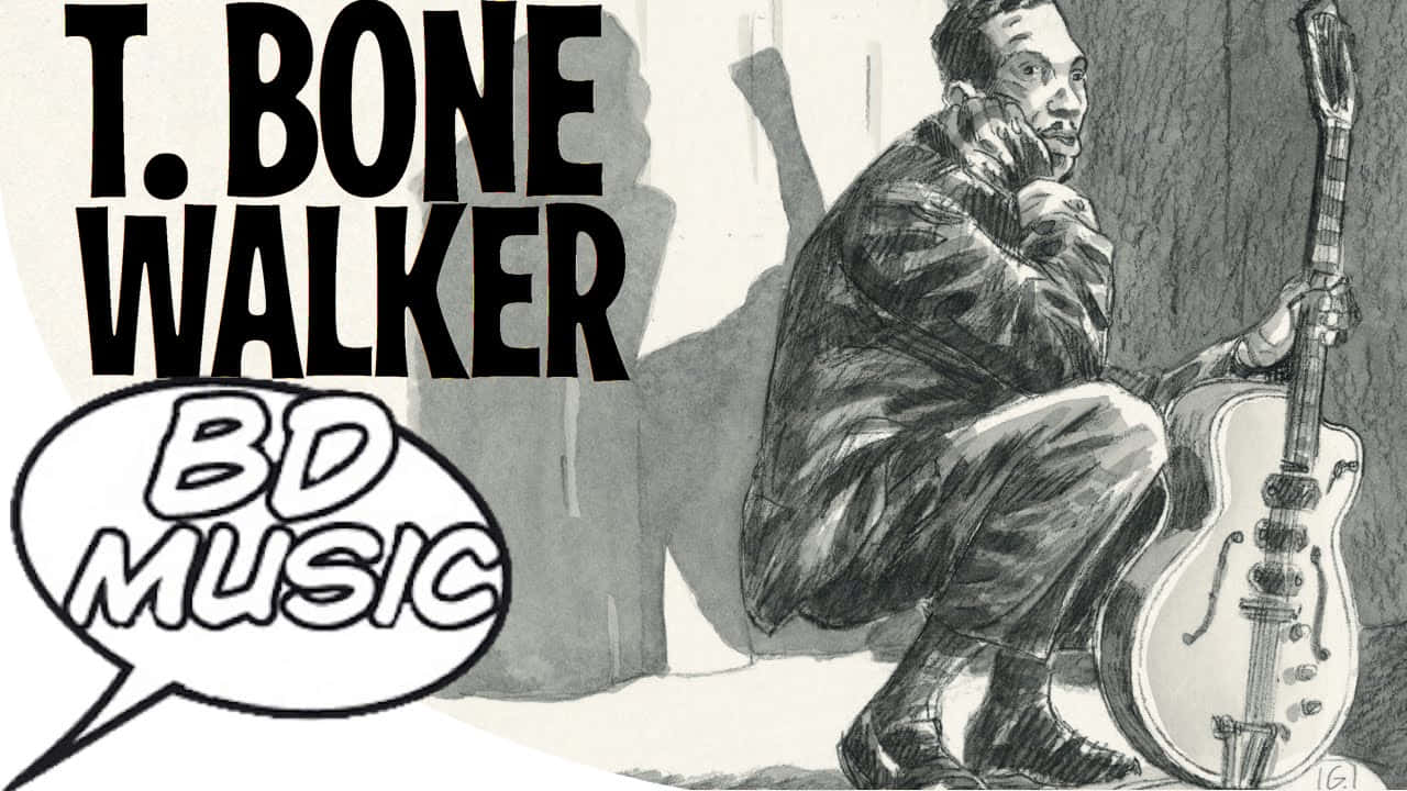 T Bone Walker 蹲著，旁邊有電結他和 BD MUSIC 對話氣泡。