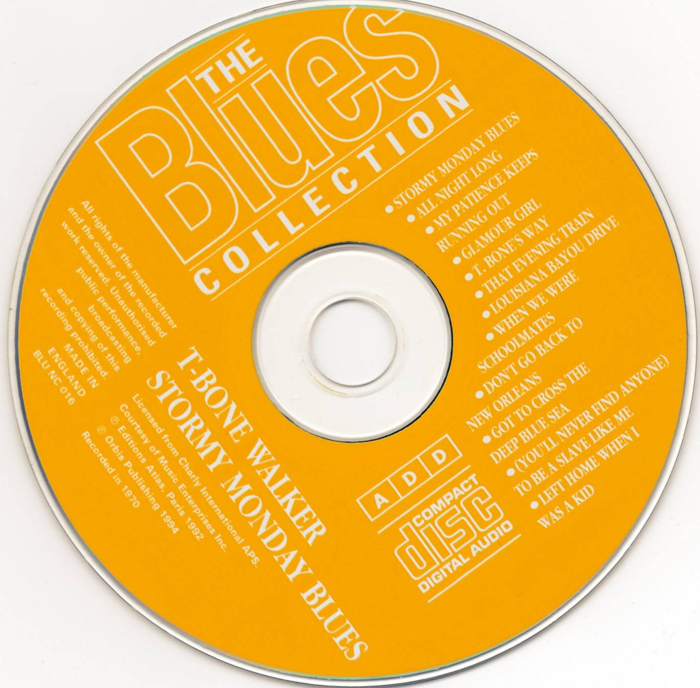 橙色光碟，白色文字，用於 T-Bone Walker 的 The Blues Collection。