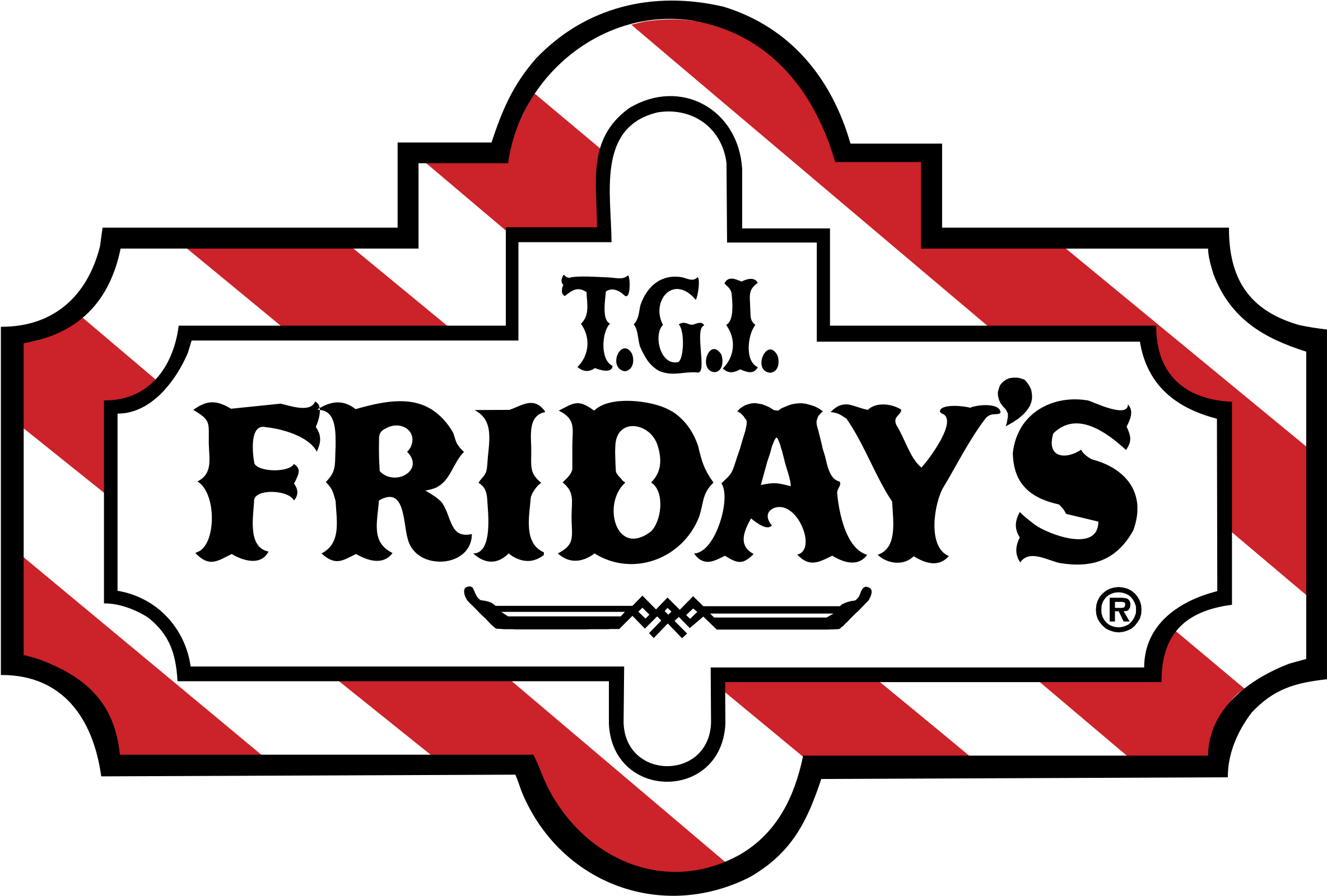 T.G.I. FRIDAY'S 商標 壁紙 — T.G.I. Friday's 標誌，白色背景上帶有粗體黑色文字，並以紅色和白色對角條紋框住。