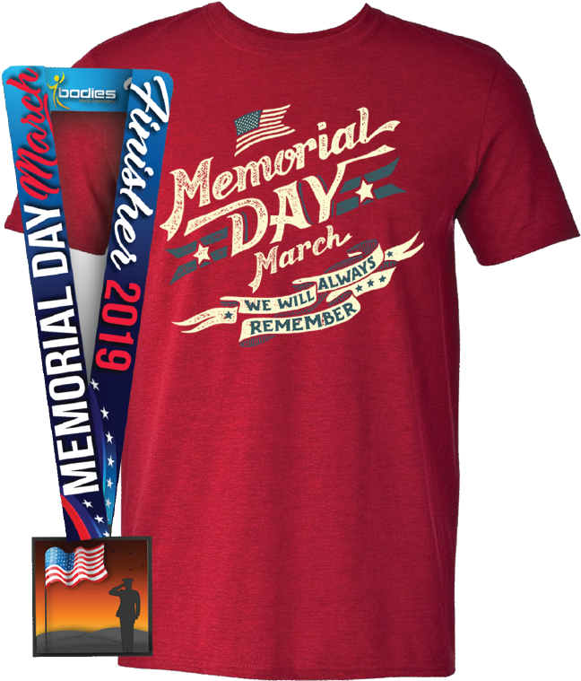紀念日遊行紅色T恤設計 壁紙 — 紅色T恤，印有「Memorial Day March」圖案及紀念2019年致敬陣亡士兵活動的獎章。