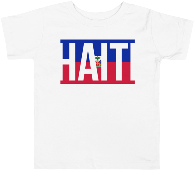 海地國旗色彩T恤設計 壁紙 — 一件白色T恤以粗體白色字母顯示「HAIT」一詞，並將海地國旗的顏色和徽章融入字母中。