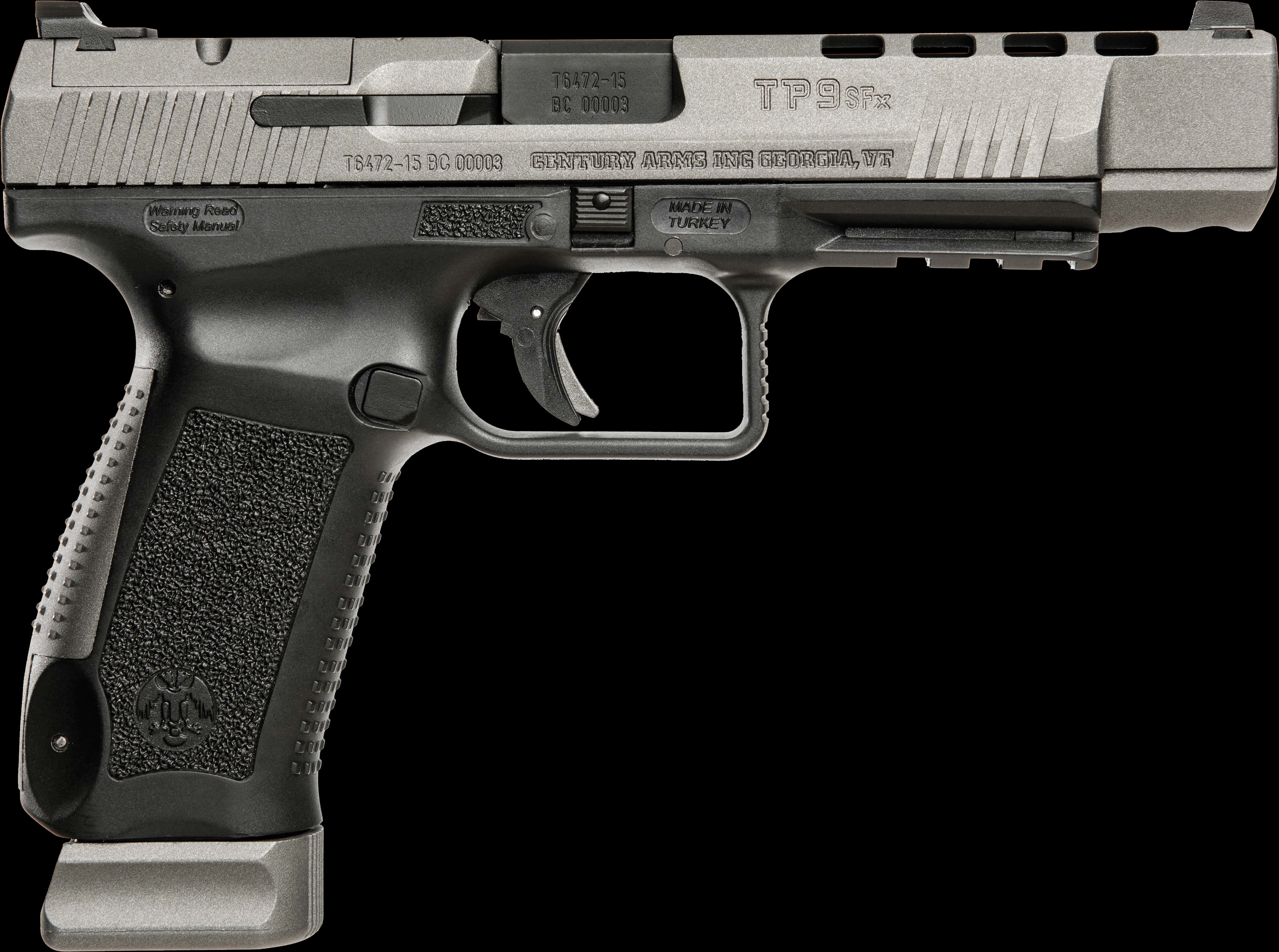 半自動手槍T P9 S F 壁紙 — 一把流線型的銀色和黑色Taurus TP9SFx手槍，在純黑色背景上以側面輪廓展示。