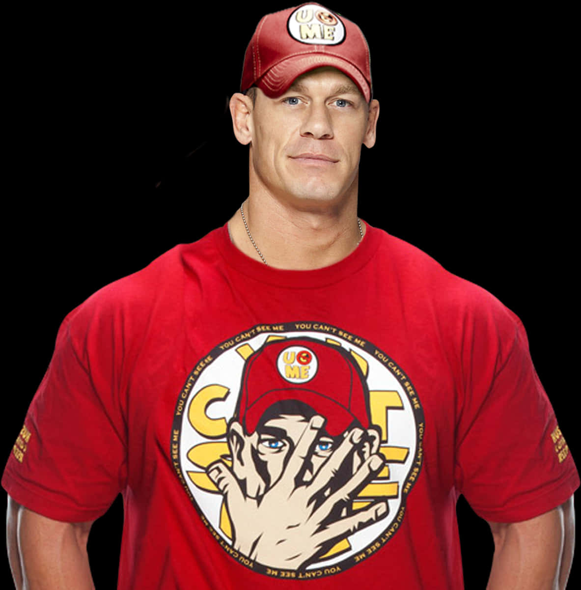 約翰·塞納穿紅色T恤與帽子 壁紙 — John Cena 自信地擺姿勢，身穿紅色 'You Can't See Me' T恤和相配的帽子，背景為黑色。