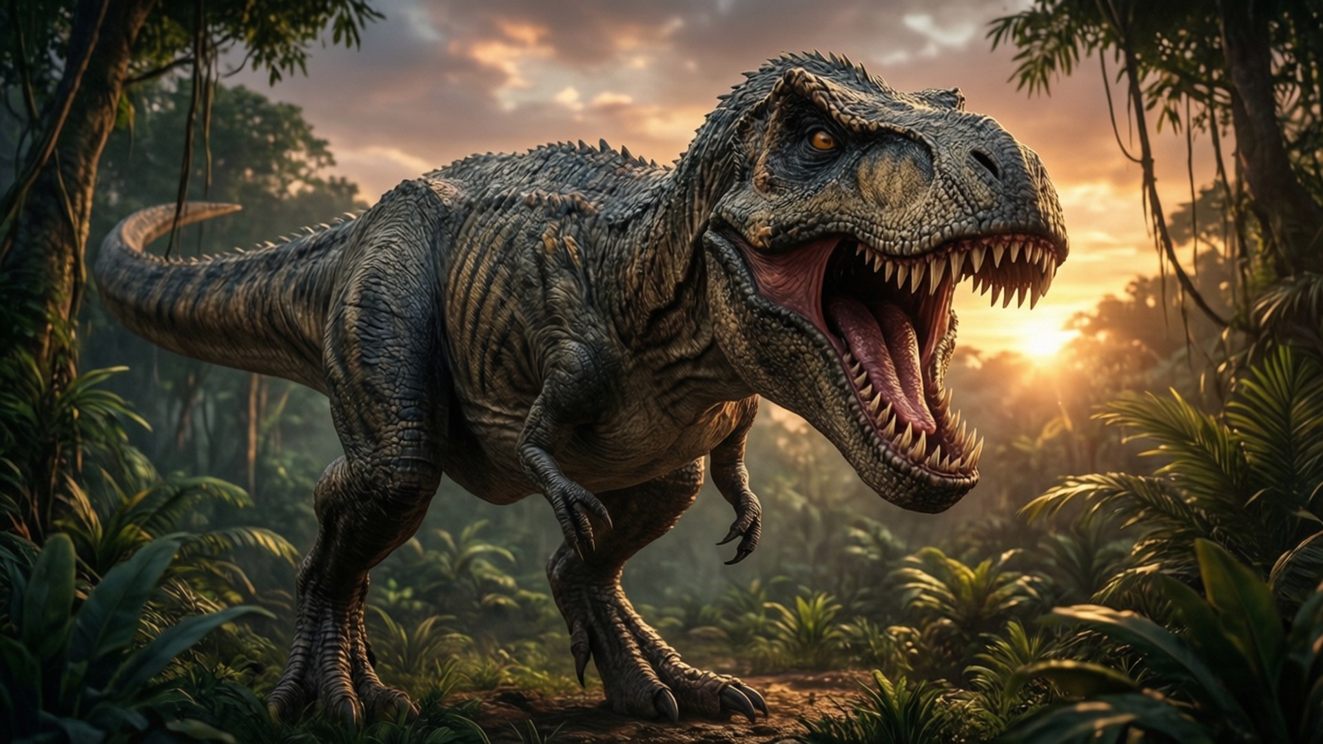 A roaring t rex in a jungle at sunset with golden light. 壁紙