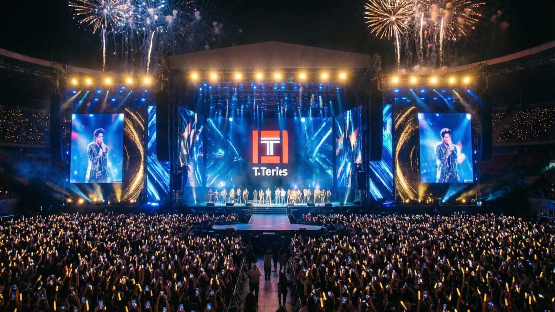 Crowd at night concert with fireworks and stage lights 壁紙