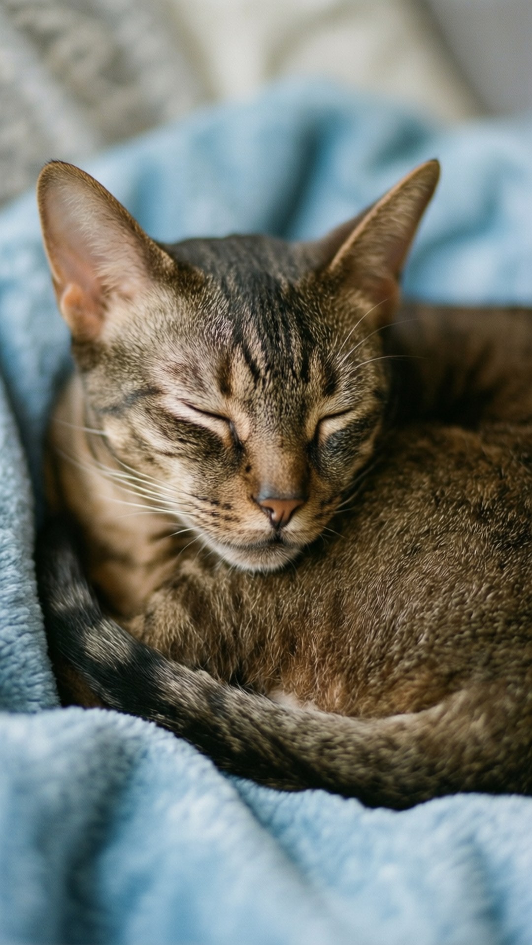 Brazilian Shorthair 桌布 壁紙 — 一隻虎斑貓在柔軟的藍色毯子上蜷縮著，閉著眼睛，鬍鬚放鬆，安詳地睡覺。