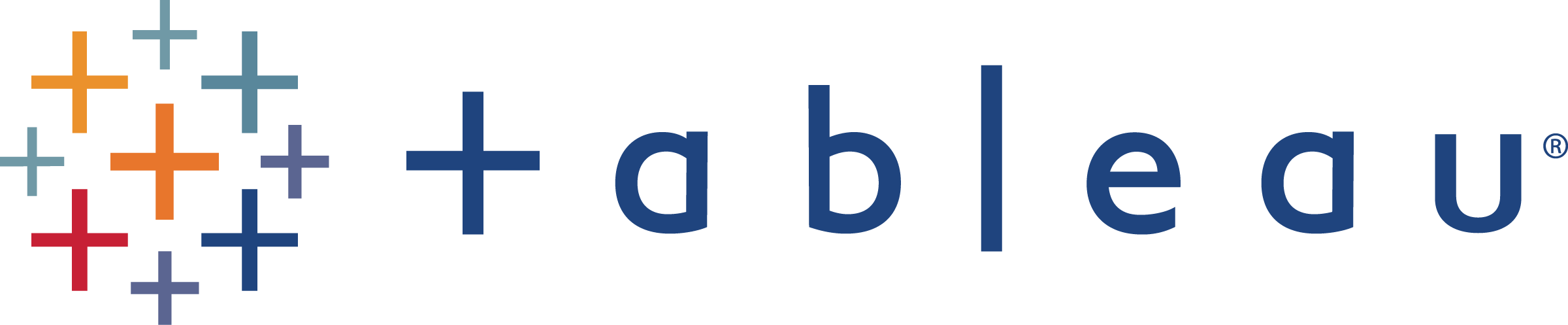 Tableau軟體標誌 壁紙 — Tableau 標誌以白色背景上的深藍色小寫品牌名稱旁邊的一組橙色、紅色、藍色和藍綠色的彩色加號為特色。