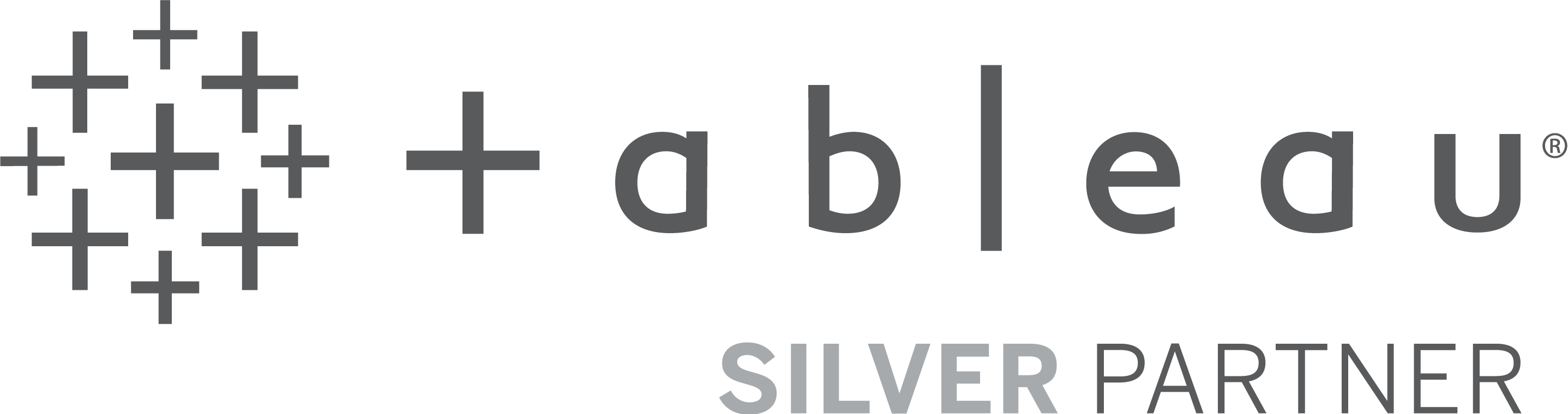 Tableau軟體銀級合作夥伴標誌 壁紙 — 簡約黑色背景，帶有灰色 Tableau 標誌、一組加號以及粗體白色文字「SILVER PARTNER」。