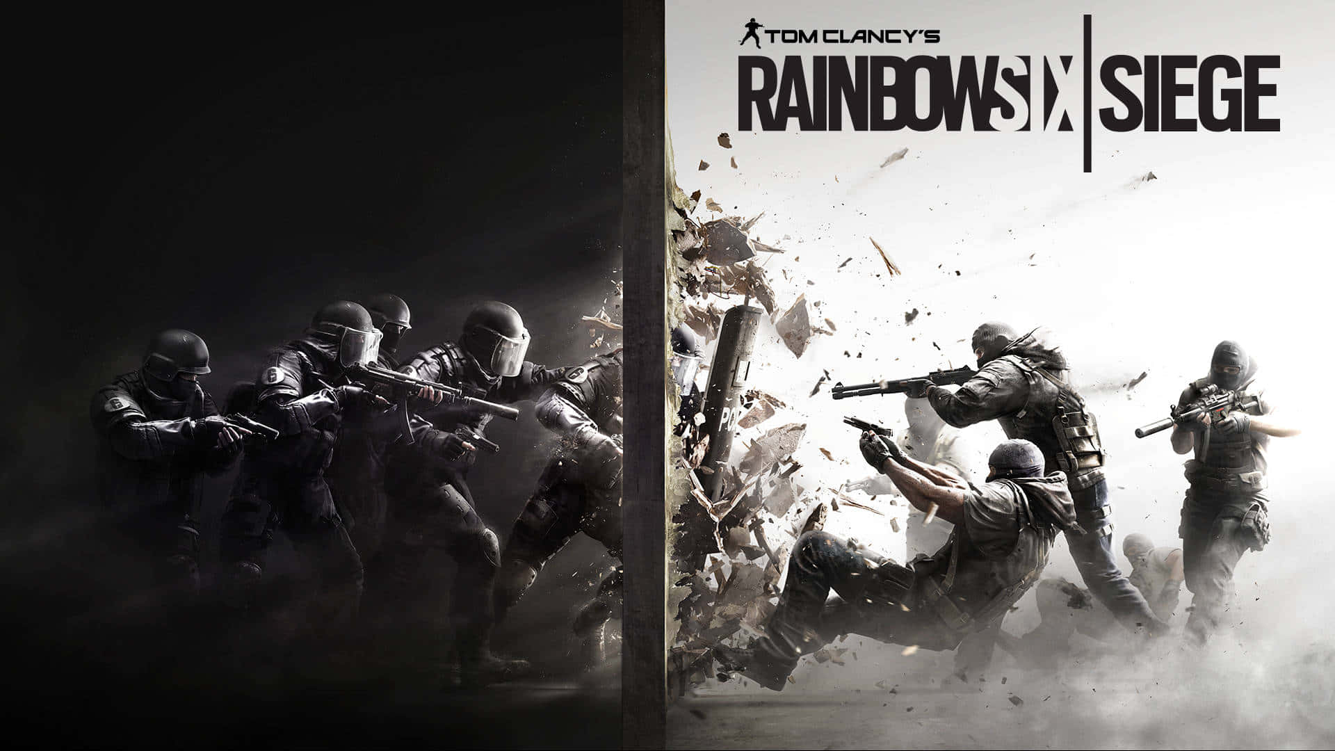  壁紙 — 戰術士兵在《Tom Clancy's Rainbow Six Siege》的高對比黑白動作場景中突破牆壁。