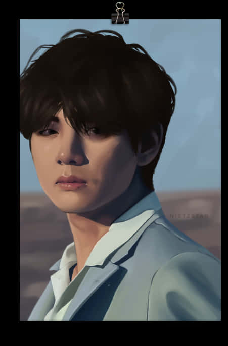 寧靜肖像Taehyung 壁紙 — 一位黑髮、身穿淺藍色外套的年輕男子，在溫暖的陽光下，對著柔和的沙漠背景若有所思地凝視。