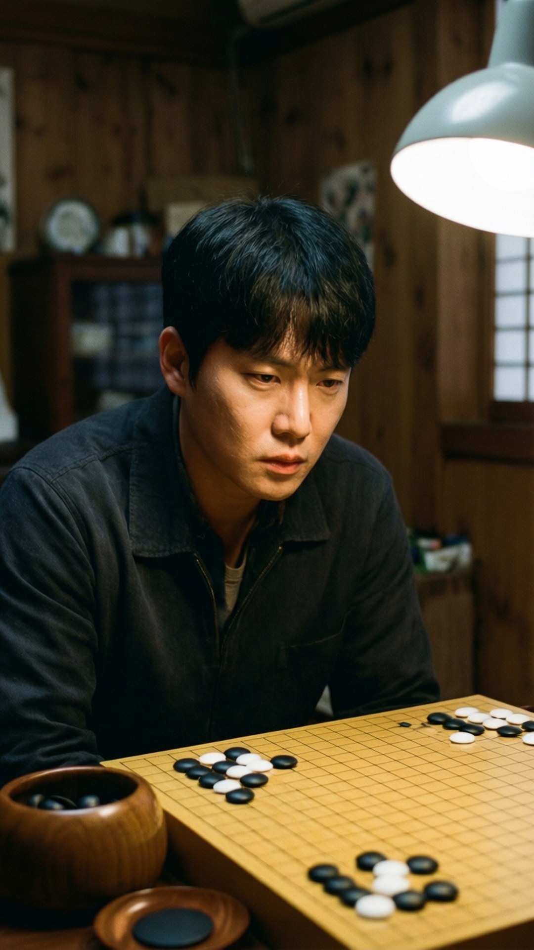 男人在木房間裡，在吊燈下深度專注於圍棋遊戲。