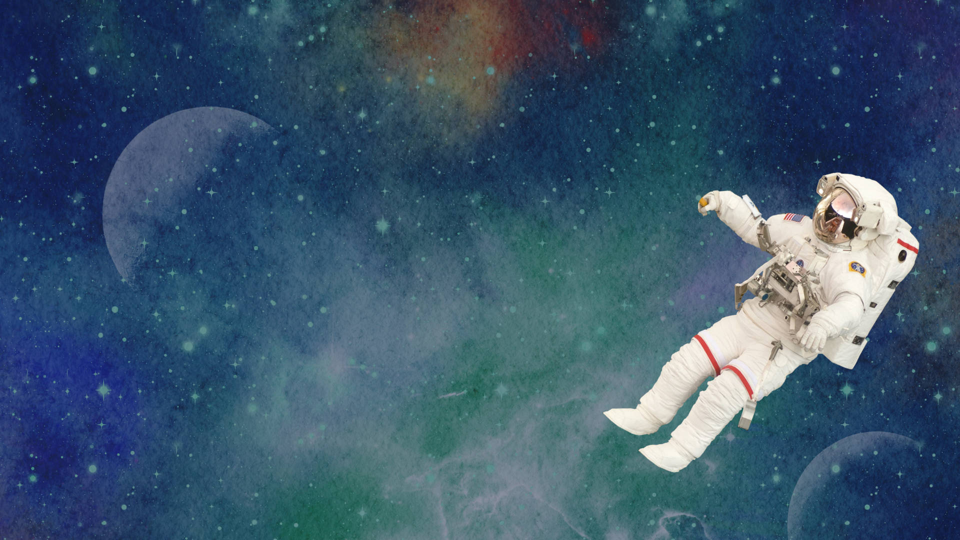 宇航員漂浮於綠色星雲 壁紙 — 一名太空人在充滿活力的宇宙星雲中失重漂浮，周圍有發光的星星和遙遠的月亮。