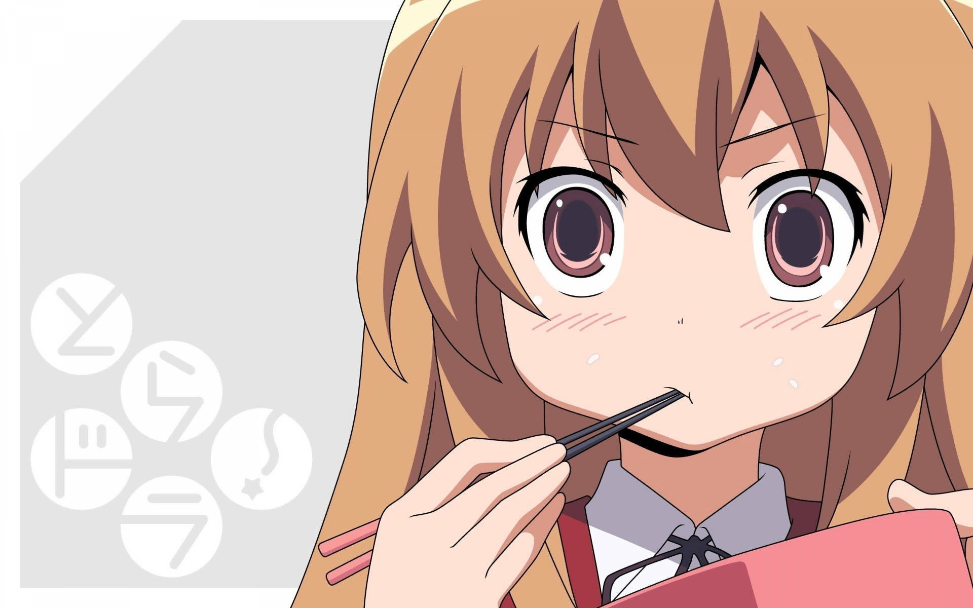 動漫女孩用筷子吃麵條並臉紅