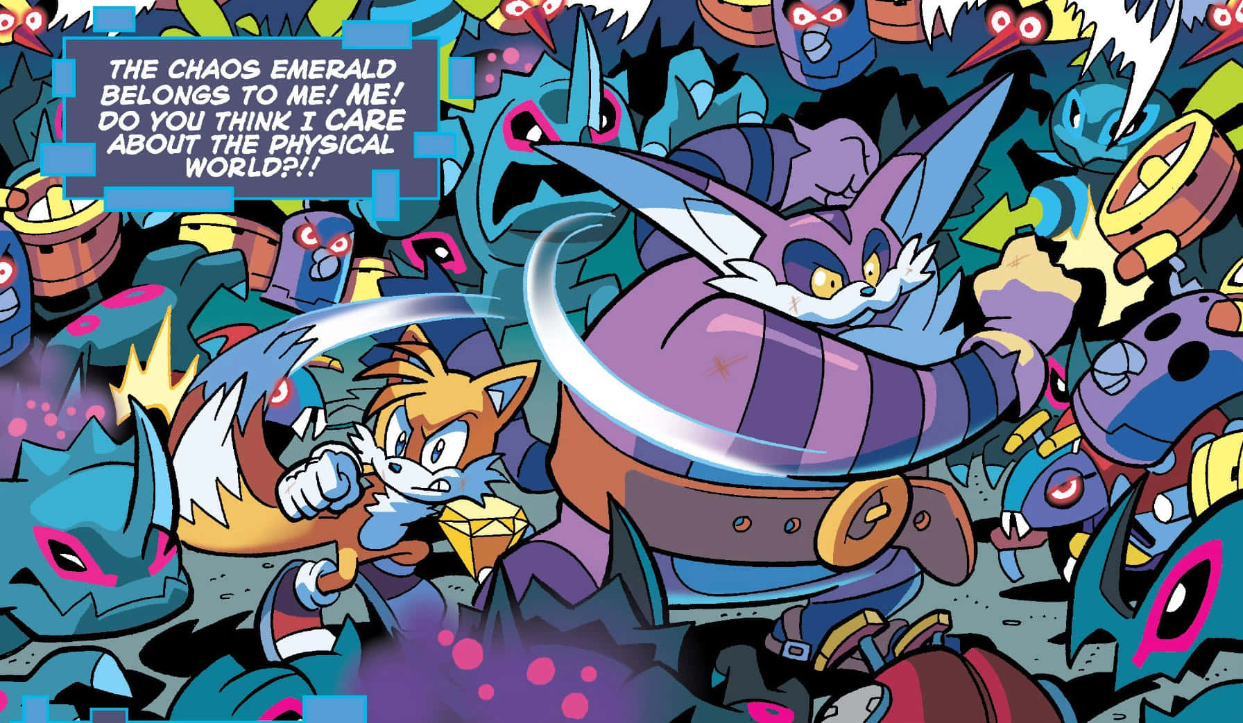 Big The Cat 桌布 壁紙 — Tails 同一個紫色貓咪反派喺一個充滿活力嘅漫畫格入面，喺混亂嘅機械敵人 swarm 中衝突。